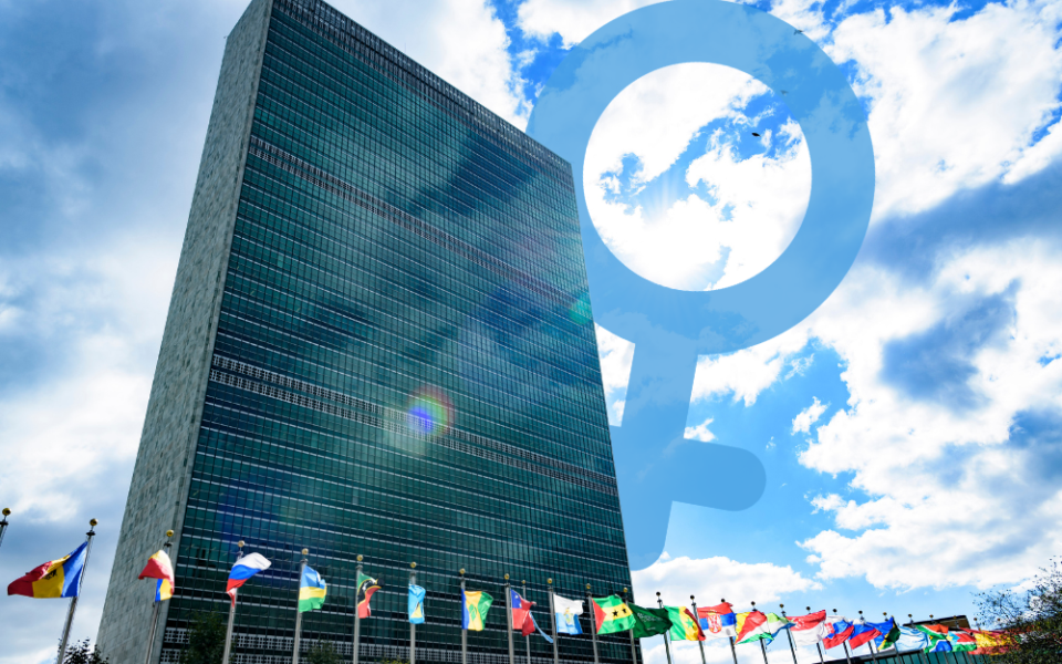 United Nations headquarters in New York City with female symbol (GSR graphic/Olivia Bardo; photo of U.N. by Chris Herlinger)