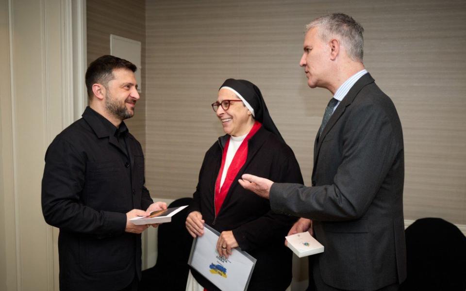 Argentine Dominican Sr. María Lucía Caram Padilla is seen with Juan Carlos Cruz, Chilean member of the Pontifical Commission for the Protection of Minors, and Ukrainian President Volodymyr Zelenskyy in Madrid Nov. 18, 2025. Zelenskyy presented Caram with the Order of Princess Olga, III class, for her efforts in providing humanitarian aid and support since the beginning of the Russian invasion of Ukraine. Cruz is a supporter of the nun's humanitarian work. (OSV News)