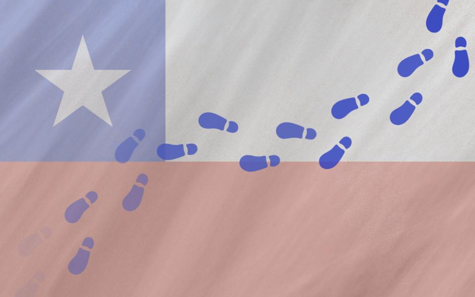 Chilean flag with footprints walking across (GSR graphic/Olivia Bardo)