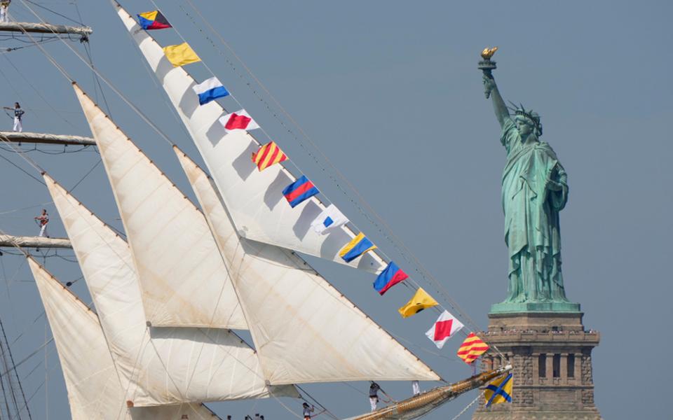 The Statue of Liberty is seen as Argentina's Ara Libertad sails past in the New York harbor during the International Parade of Sail, part of Sail250, a gathering of tall ships and military ships, Saturday, July 4, 2026, in New York. (AP photo/Yuki Iwamura)