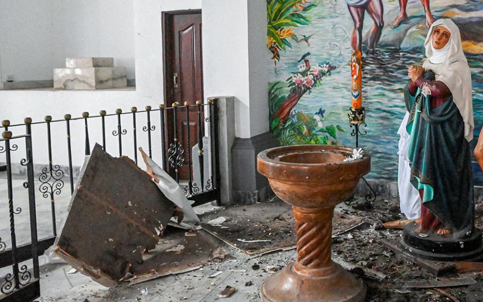 Debris lies inside the Cathedral of San Buenaventura in Colombia, Aug. 16, 2026, following the 7.4 magnitude earthquake. (OSV News/Reuters/Ever Andres Mercado)
