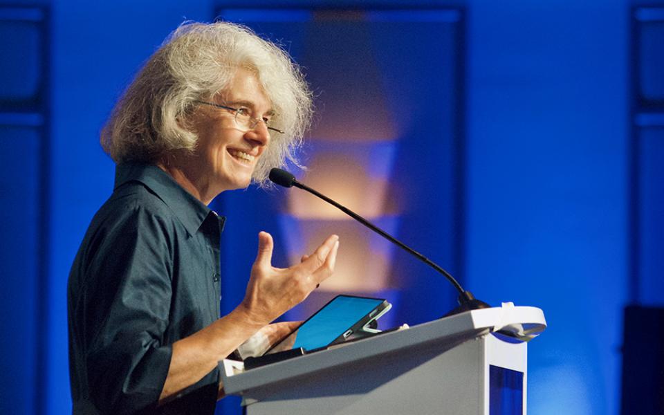 Xavière Missionary Sr. Nathalie Becquart, undersecretary of the Synod of Bishops at the Vatican, speaks Aug. 12 in Orlando, Florida, to the Leadership Conference of Women Religious' annual assembly. (GSR/Dan Stockman)