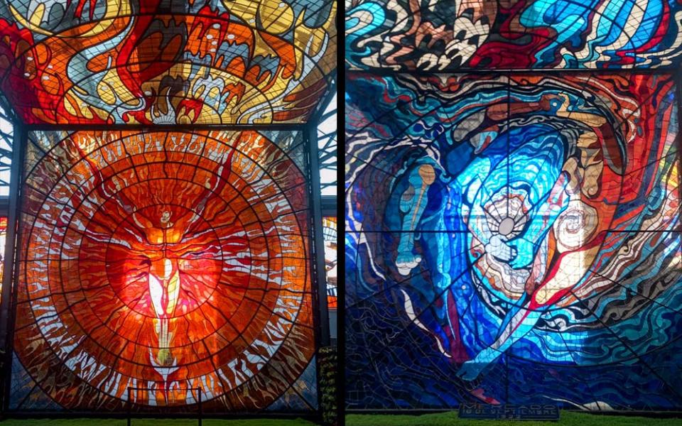 Two details of "Cosmovitral," a stained glass window by Leopoldo Flores in Toluca, Mexico (Photos courtesy of Ma Elena López Munguía)
