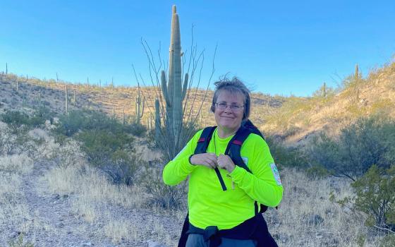 Felician Sr. Maria Louise Edwards volunteers in the water drop-off ministry in the Sonoran Desert near Ajo, Arizona. (Peter Tran)