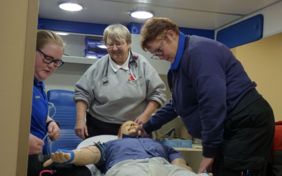 Paramedic students Destiny Hatfield, left, and Lyn Garison, right, work through a simulated emergency medical scenario as teacher Sr. Kathy Limber looks on at Southwest Virginia Community College in Cedar Bluff. (Provided photo)