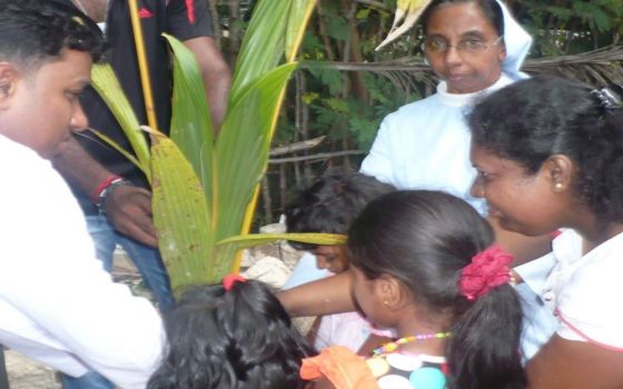 Sinhala guests of a Tamil family plant a coconut tree in memory of their live-in experience as Salvatorian Sr. Dulcie Peiris looks on. (Courtesy of Dulcie Peiris)
