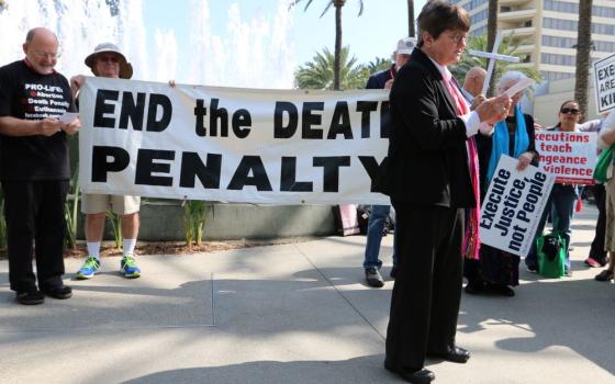 Sr. Helen Prejean, a Sister of St. Joseph of Medaille, is seen in Anaheim, Calif., calling for an end to the death penalty, in this 2016 file photo. (CNS photo/The Tidings/J.D. Long-Garcia)