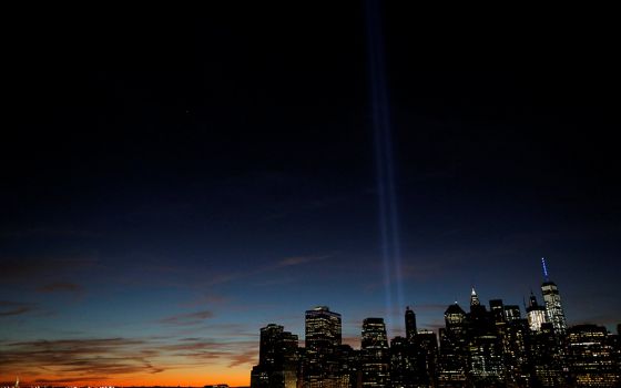 The "Tribute in Light" is seen on the eve of the 15th anniversary of the 9/11 attacks on the World Trade Center in New York Sept. 10, 2015. The Sept. 11, 2001, terrorist attacks claimed the lives of nearly 3,000 people. (CNS/Reuters/Andrew Kelly)