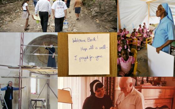 Clockwise from top left to center: Images from 2019 Global Sisters Report columns by Sr. Mary Ellen Brody, Barbara Wander, Sr. Nancy Linenkugel, Sr. Nazariya Mykhayliuk and Sr. Virginia Herbers (File photos)