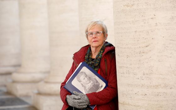 Mary Dispenza, national representative of Survivors Network of those Abused by Priests and head of its nun abuse group, poses in St. Peter's Square Feb. 20, 2019, at the Vatican. Dispenza joined SNAP because she says she was raped by a priest when she was