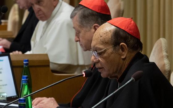 Cardinal Oswald Gracias (foreground) of Mumbai, India, speaks at a Vatican meeting on the protection of minors in the church in February 2019. (CNS/Vatican Media)