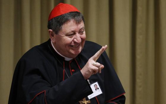 Brazilian Cardinal João Braz de Aviz, prefect of the Congregation for Institutes of Consecrated Life and Societies of Apostolic Life, gestures at the start of the first session of the Synod of Bishops for the Amazon on Oct. 7, 2019, at the Vatican.