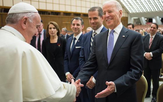 Pope Francis greets former Vice President Joe Biden on April 29, 2016, at the Vatican. Biden is the second Catholic elected to the nation's highest office in U.S. history. (CNS/L'Osservatore Romano)