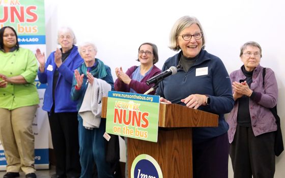 Sr. Simone Campbell, executive director of Network, a Catholic social justice lobby, speaks at a rally questioning the 2017 tax cut law at Lutheran Metropolitan Ministries headquarters Oct. 20, 2018, in Cleveland. She will step down from Network in March 