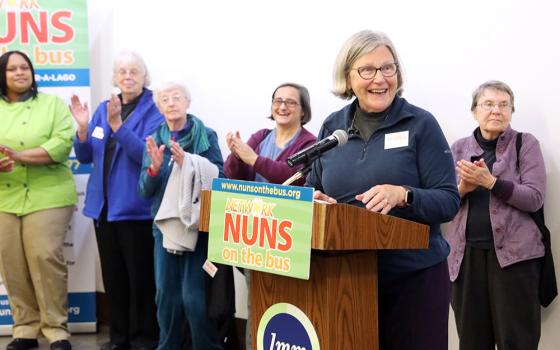 Sr. Simone Campbell, executive director of Network, a Catholic social justice lobby, speaks at a rally questioning the 2017 tax cut law at Lutheran Metropolitan Ministries headquarters Oct. 20, 2018, in Cleveland. She will step down from Network in March 