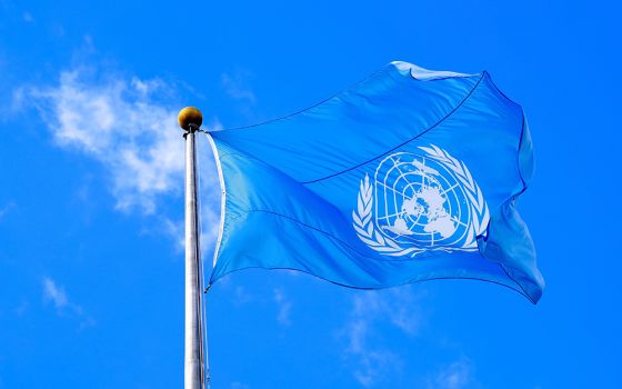 The U.N. flag is seen during the 74th session of the United Nations General Assembly at the world body's headquarters Sept. 24, 2019, in New York City. (CNS/Reuters/Yana Paskova)