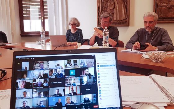 Leaders of the secretariat of the Synod of Bishops are pictured at the Vatican during an online meeting with presidents and general secretaries of national and regional bishops' conferences June 15, 2021. (CNS/courtesy Synod of Bishops)
