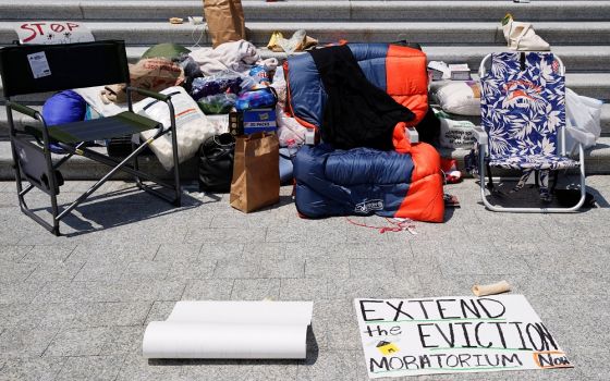 A sleeping bag is seen on the chair of U.S. Rep. Cori Bush, D-Missouri, who spent the night July 31 on the steps of the U.S. Capitol in Washington to highlight the midnight expiration of the pandemic-related federal moratorium on residential evictions.