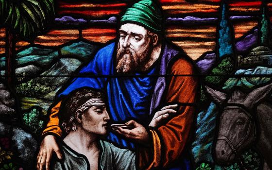 The parable of the good Samaritan is depicted in a stained-glass window at Good Samaritan Hospital Medical Center on World Day of the Sick, Feb. 11, 2021, in West Islip, New York. (CNS/Gregory A. Shemitz)