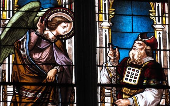 A stained-glass window in Saint-Jean-Baptiste Cathedral in Bazas, France, depicts the angel appearing to Zechariah. (Wikimedia Commons/GFreihalter)