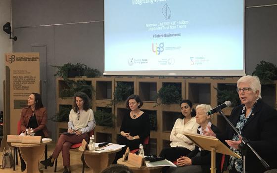 Loreto Sr. Pat Murray gives introductory remarks at the International Union of Superiors General's launch of the statement "Sisters for the Environment: Integrating Voices from the Margins" on Nov. 3 at UISG headquarters in Rome. (Justin McLellan)