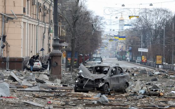 A view of central Kharkiv, Ukraine, shows the area near the regional administration building March 1. City officials said the building was hit by a Russian missile attack. (CNS/Reuters/Vyacheslav Madiyevskyy)
