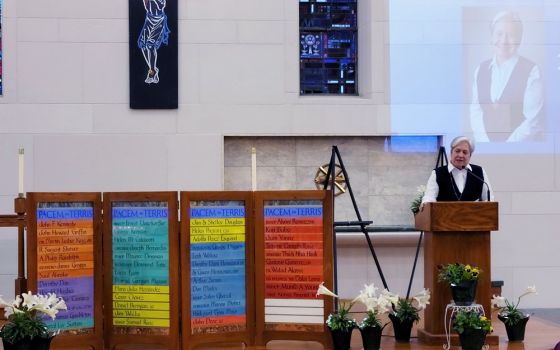Sr. Norma Pimentel, director of Catholic Charities of the Rio Grande Valley in Texas, speaks about her work at the U.S.-Mexico border after receiving the Pacem in Terris Peace and Freedom Award on April 21 in Christ the King Chapel at St. Ambrose Universi