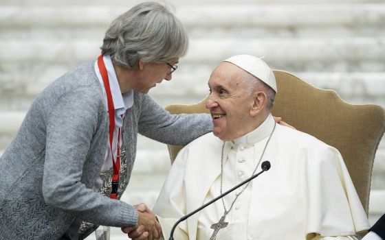 Pope Francis greets Claretian Missionary Sr. Jolanta Kafka, president of the International Union of Superiors General, during a May 5 audience with participants in the plenary assembly of the union at the Vatican. (CNS/Vatican Media)