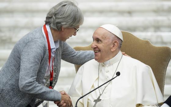 Pope Francis greets Claretian Missionary Sr. Jolanta Kafka, president of the International Union of Superiors General, during a May 5 audience with participants in the plenary assembly of the union at the Vatican. (CNS/Vatican Media)