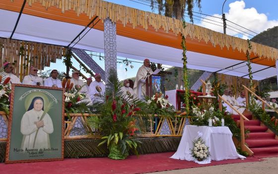 The altar during the May 7 beatification Mass for Good Shepherd Sr. Maria Agustina Rivas Lopez in La Florida, in Peru's central Amazon region, where she was murdered by terrorists in 1990 (CNS/Courtesy of REPAM/Julio Caldeira)