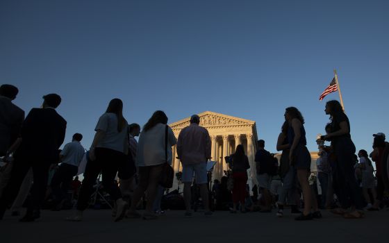 People are seen outside the U.S. Supreme Court July 9, 2018, in Washington. (CNS/Tyler Orsburn)