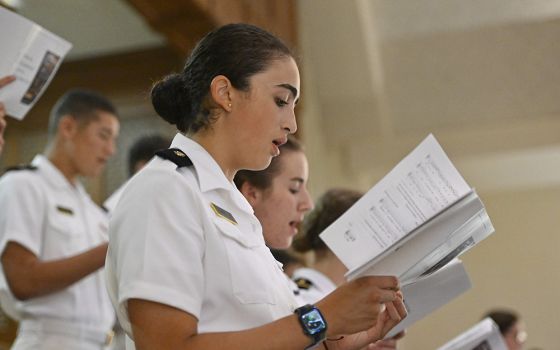 The U.S. Naval Academy Catholic Choir sings hymns Oct. 2 during the Pilgrimage of the Sea Services Mass at the Basilica of the National Shrine of St. Elizabeth Ann Seton in Emmitsburg, Maryland. (CNS/Courtesy of Devine Partners/Jason Minick)