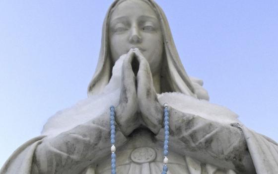 A rosary is draped over the praying hands of a statue of Mary outside the Cathedral of the Immaculate Conception in Syracuse, New York. (CNS/Catholic Sun/Paul Finch)