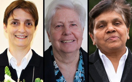 From left: Sr. Nadia Coppa of the Adorers of the Blood of Christ, president of the International Union of Superiors General; Loreto Sr. Patricia Murray, UISG executive secretary; and Holy Spirit Missionary Sr. Mary John Kudiyiruppil, UISG associate executive secretary (Courtesy of UISG; CNS/Courtesy of UISG; CNS/Courtesy of Global Solidarity Fund/Gian Marco Maraviglia)