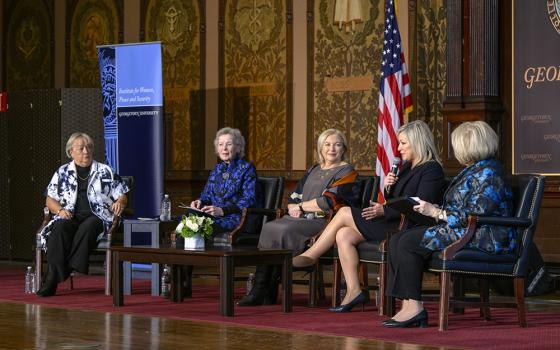 Michelle O'Neill, the first minister-elect of Northern Ireland and deputy leader of Sinn Féin, speaks as part of a March 16 panel on the role of women in the 1998 Good Friday Agreement in Northern Ireland. The panel, held at Georgetown University in Washington, D.C., also included, from left, Monica McWilliams, a signatory to the Good Friday Agreement; Mary Robinson, former president of Ireland; Liz O'Donnell, former minister of state of Ireland; and Melanne Verveer