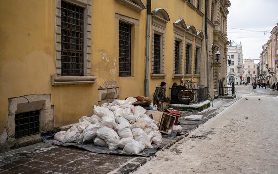 Sandbags on a street in Lviv, Ukraine (Gregg Brekke)