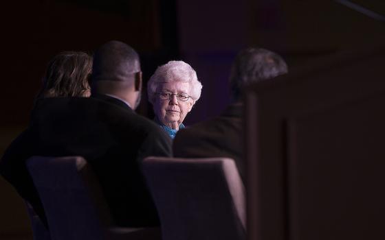 Immaculate Heart of Mary Sr. Anne Victory, director of education for the Collaborative to End Human Trafficking in the Cleveland area, is seen Jan. 25, 2020, during a panel discussion about building bridges at the Catholic Social Ministry Gathering in Washington, D.C. (CNS/Tyler Orsburn)