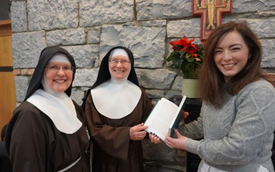 Historian and author Bronagh McShane with Sister Bonaventure and Sister Colette of the Poor Clares Galway at the launch of McShane's book, "Irish Women in Religious Orders, 1530-1700: Suppression, Migration and Reintegration," in 2022 (Courtesy of the Poor Clares Galway)
