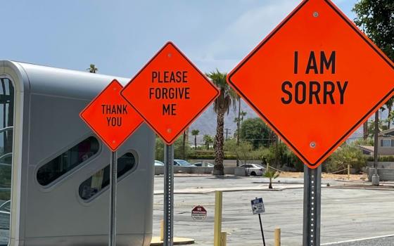 3 orange traffic signs: "I am sorry", "Please Forgive me" and "Thank you".