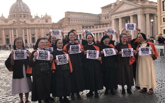 A group of Benedictine nuns from Fahr Monastery near Basel, Switzerland, call for "Votes for Catholic Women" at the Vatican during the October 2019 Synod of Bishops for the Amazon. (Deborah-Rose Milavec)