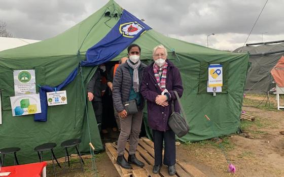Presentation Sisters Rupa and Louise at the Ukraine border with Slovakia, where they were distributing food to Ukrainian refugees. (Anne McNamara)