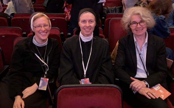 The author, Apostle of the Sacred Heart Sr. Kathryn Press (left), sits with Benedictine Sr. Celina Galinyte, director of Alpha in Lithuania, and Xavières Sr. Nathalie Becquart, undersecretary at the Synod of Bishops) at Royal Albert Hall in London. The three spoke at a panel at Alpha International's Leadership Conference May 1-2. (Courtesy of Kathryn Press)