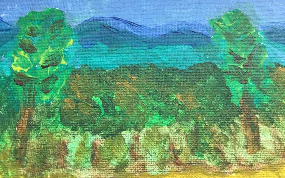 "Blue Ridge Mountains at Holy Cross Abbey," an acrylic painting by Sr. Dorothy Giloley. Painting is one of the retirement activities to which Giloley looks forward. (Courtesy photo)