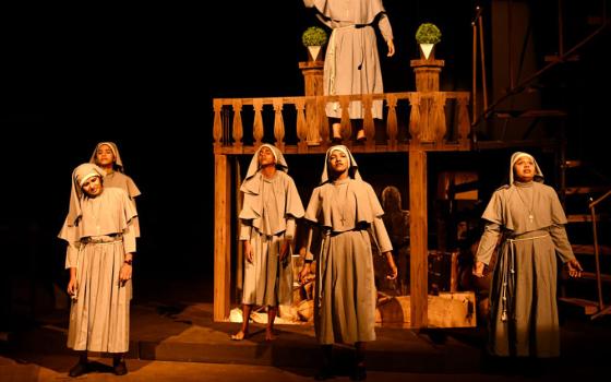 Actors play Catholic nuns in the controversial play "Kakkukali" at a theater in the southwestern Indian state of Kerala. The Catholic Church has demanded a ban on the play, saying it tarnishes the image of Catholic religious life. (Raneesh Raveendran)
