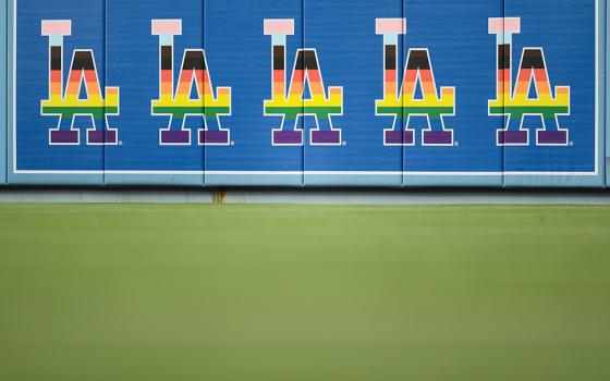 Dodgers logo signage changed for LGBTQ+ Pride Night during the MLB game between the New York Mets and the Los Angeles Dodgers on June 3, 2022 at Dodger Stadium in Los Angeles, California. (Newscom/Icon Sportswire/Brian Rothmuller/)