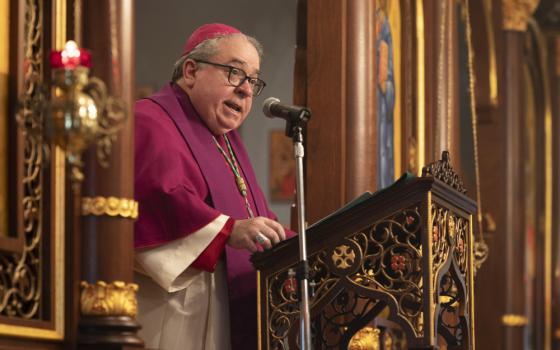 Bishop Michael F. Olson of Fort Worth, Texas, delivers remarks at St. Sophia Ukrainian Catholic Church in The Colony, Texas, March 6, 2022, during a prayer service for peace in Ukraine. (CNS photo/Juan Guajardo, North Texas Catholic)