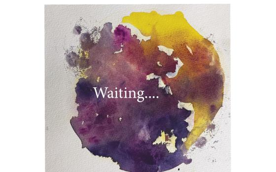 Painting of yellow an purple circle/swirls, with the word, "Waiting"