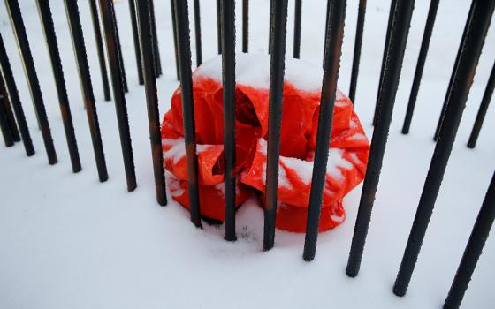 A caged prison jumpsuit, which is part of an art installation protesting the death penalty, is seen March 14, 2017, in Washington. (CNS/Reuters/Jonathan Ernst)