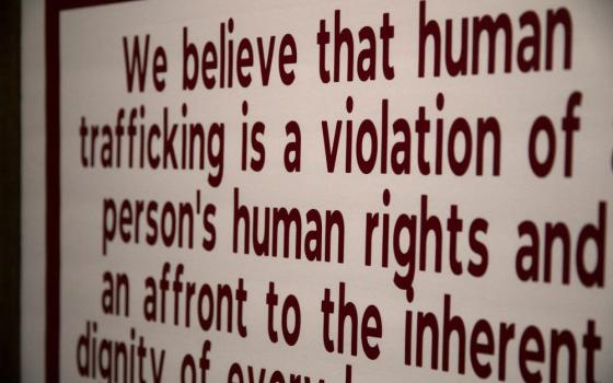A sign about human trafficking is seen at the Motel X interactive exhibit at the National Underground Freedom Center in Cincinnati Jan. 10, 2020. (OSV News/The Enquirer via Reuters/Liz Dufour)