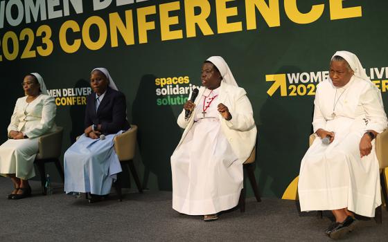Sacred Heart of Jesus Sr. Rosemary Nyirumbe (second from right) speaks on a panel during a July 18 side event hosted by the Women in Faith Leadership and sponsored by Conrad N. Hilton Foundation at the Women Deliver 2023 Conference in Kigali, Rwanda. The panel also included, from far left: Srs. Jane Wakahiu of the Little Sisters of St. Francis; Hedwig Muse of the Little SIsters of Mary Immaculate of Gulu, Uganda; and Francisca Ngozi Uti of the Handmaids of the Holy Child Jesus. (GSR photo/Doreen Ajiambo)